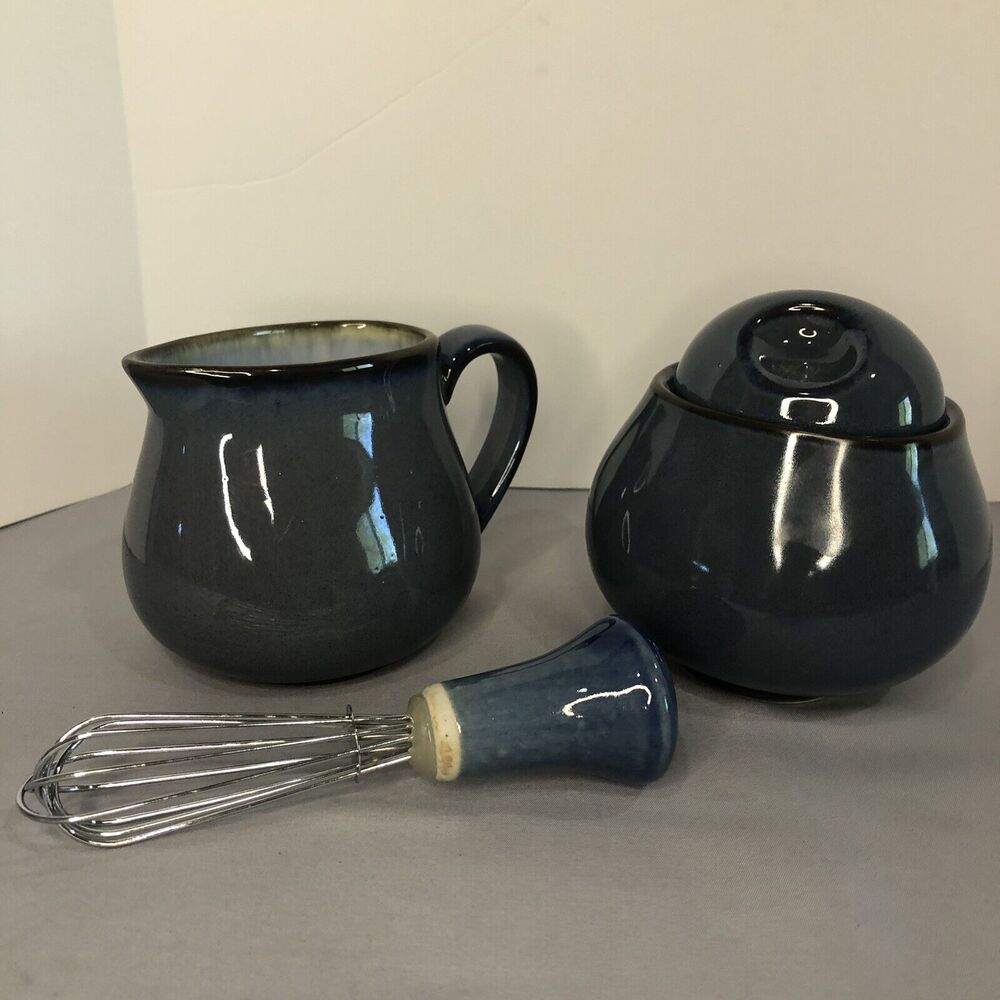 Sango Nova Cream and Sugar Set Blue-Gray Black 3 Piece